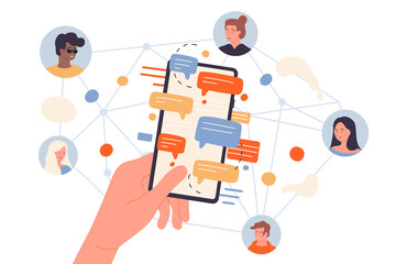 People connect to global network for online communication with friends. Cartoon diverse team of customers using social media chat service, person holding phone with sms flat vector illustration