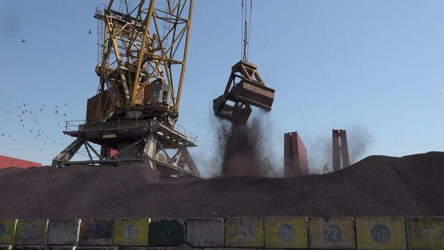 Enriched iron ore finished products warehouse, close up