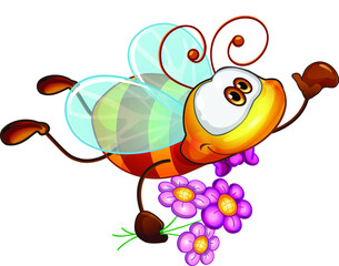 Funny bee. The bee is flying. The bee smiles. Beautiful bee. Holds a bouquet of flowers in his hands. Bee with flowers.