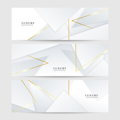 Fototapeta premium Set of premium luxury white and gold abstract line light wave design banner background. Abstract geometric shape white gold background with light and shadow 3D layered for presentation design.