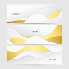 Fototapeta premium Set of premium luxury white and gold abstract line light wave design banner background. Abstract geometric shape white gold background with light and shadow 3D layered for presentation design.