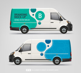 Side view Van Mock-up with abstract blue branding graphics design. Van with corporate identity company. Abstract  graphics for delivery car, company van and racing car. Editable Corporate Car Branding © VRTX