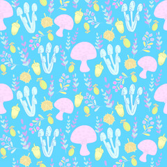 Vector seamless half-drop pattern, with mushrooms