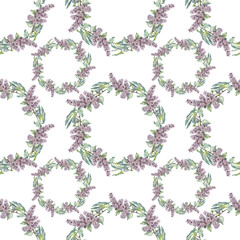 Seamless pattern with watercolor circle frame border template for design. Branch with flower lilac and leaves on white background. Hand-drawn summer plant. Art with copy space. Wedding invitation