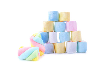 stack of colorful marshmallows isolated on a white background