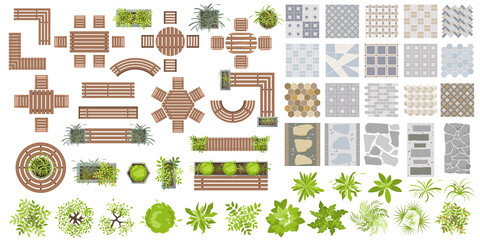 Set of elements for landscape design top view. Collection of outdoor furniture, trees and tile path for project, plan, map, yard. Benches, chair, table, plant in pot Isolated on white. Vector kit flat