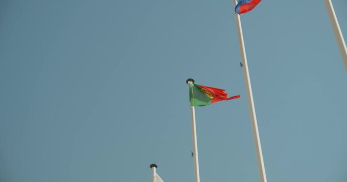 Portugal flag wind fluttering with blue sky background. Low angle