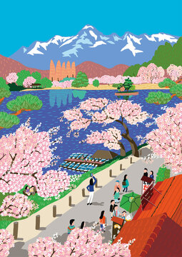 水辺に桜、花より団子 © Hajime Sato