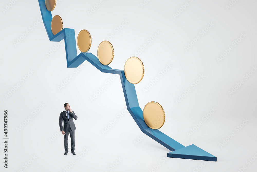 Poster attractive thoughtful young businessman with abstract falling blue arrow with empty golden coins on 