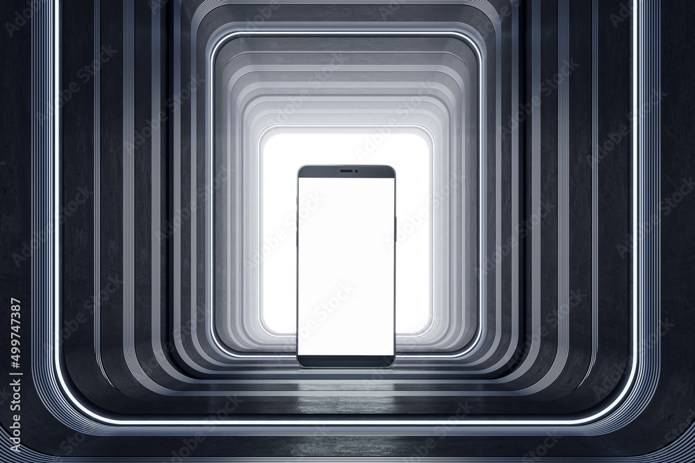 Poster Close up of empty white smartphone on light pedestal background. Presentation and mock up concept. 3D Rendering.