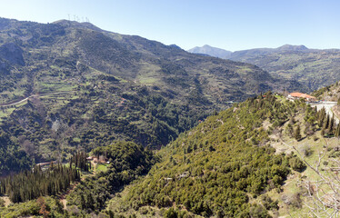 Panoramic view of Vouraikos gorge from Mega Spilaio monastery, Achaea, Greece.