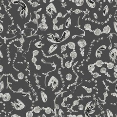 Pattern accessory made of silver, precious stones, jewelry, on a dark gray background for your design seamless