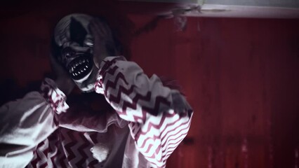 Portrait of a scary psychopath clown. A gloomy room, a place of terrible crimes