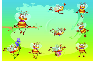 Obraz premium Funny bee. Collection of bees. Background. Cheerful, loving, romantic. The bee is sitting. The bee is flying. Holds a flower. Gardener bee.