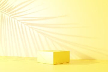 Podium and palm leaf shadow on yellow wall abstract background. Copy space of product presentation...