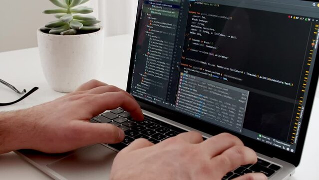 Coding on the screen, HTML encoding and programming on a laptop screen, developer, web development. Computer Web Developer. Cloud data social network media or virus. High quality 4k footage