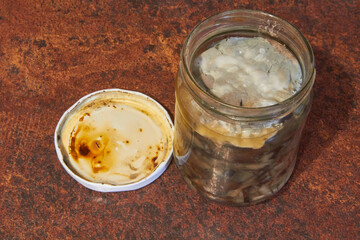 Mold on preservation,spoiled canned food in a jar, mold spores in a jar