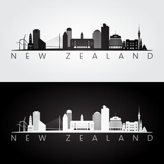 New Zealand skyline and landmarks silhouette, black and white design, vector illustration.