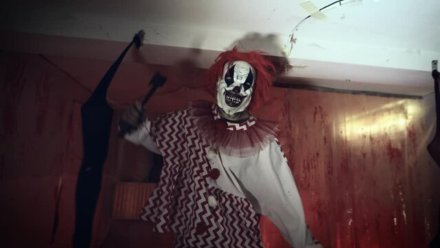 Creepy clown maniac goes crazy in his bloody lair