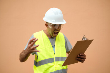 A surprised site foreman holds one hand to his head while holding a clipboard with the other.