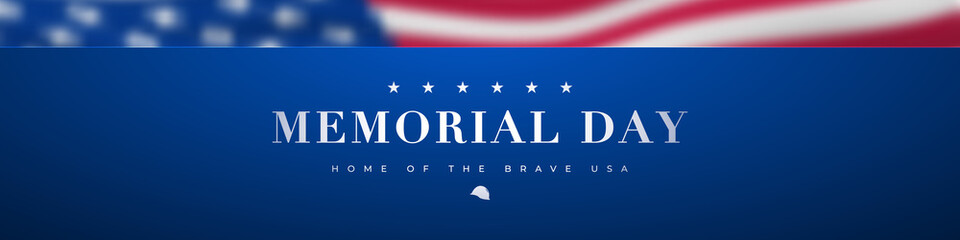 Happy Memorial Day long horizontal banner with text and blurred american flag. Stock vector illustration. - obrazy, fototapety, plakaty