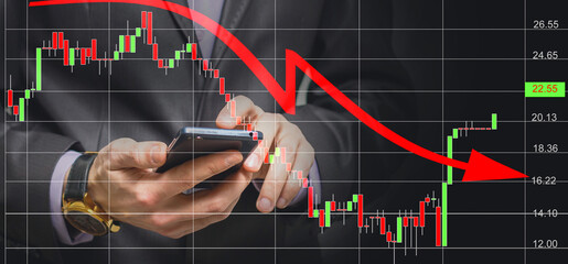 businessman near downfall finance graph, shot on the blue background
