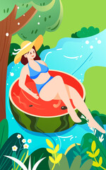 People swim in the river in summer to cool off the heat, vector illustration