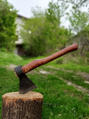 Stuck axe in a log in backyard of a villa