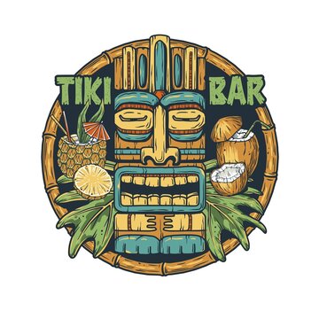 Tiki bar of hawaii with tiki mask, pineapple and coconut cocktail and tropical leaves for summer surfing print or tropic exotic beach