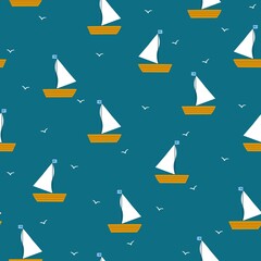 Seamless vector pattern of boats and seagulls. Turquoise background. fashionable marine print for textiles, wallpaper and packaging.