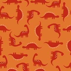 Seamless dinosaurs pattern. Cute terracotta dinosaurs. orange background. vector texture. fashionable print for textiles, wallpaper and packaging.