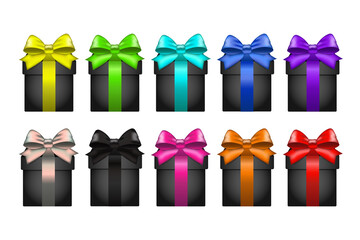 Black gift boxes with  satin ribbon bows of different colors. Vector design.