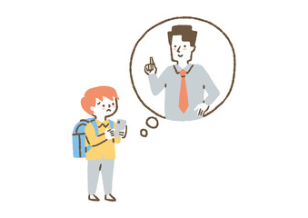 先生に相談する男子小学生_色