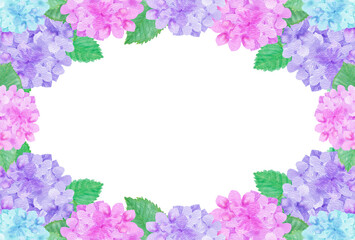 イラスト素材：水彩絵の具で描いたかわいい紫陽花の横位置の背景（紫・ピンク・水色）
