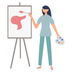 Illustration of a female artist painting a picture on an easel with a brush. Drawing, hobby, creativity, occupation, design concept. Artistic image of people, profession, lifestyle. flat vector.