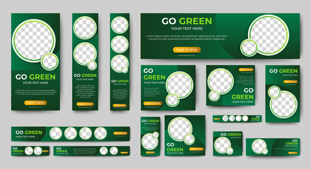 Green banner design web template Set, Horizontal header web banner. Modern Gradient green cover header background for website design, Social Media Cover ads banner, flyer, invitation card