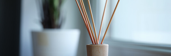 Wooden stick standing in jar with aromatic oils in apartment closeup