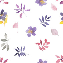 Fototapeta na wymiar Seamless pattern of simple watercolor flowers and leaves