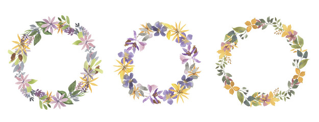 Watercolor set of round floral wreaths