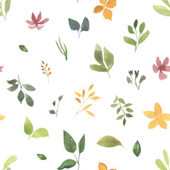 Seamless pattern of simple watercolor flowers and leaves