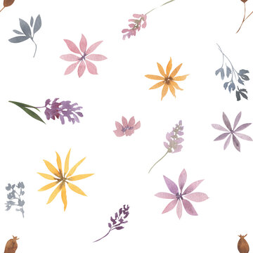 Seamless pattern of simple watercolor flowers and leaves