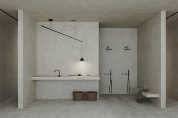3d render of a beige minimalist open bathroom with a rain shower and sink, stucco walls