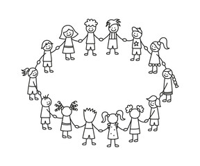 Happy doodle stick children holding hands. Hand drawn funny kids in circle. International friendship concept. Doodle children community. Vector linear illustration isolated on white background.