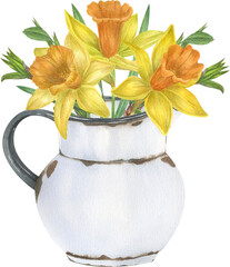 Watercolor daffodil bouquets. Spring flowers in vintage vases.