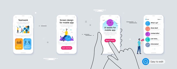 Set of Moisturizing cream, Confirmed and Question bubbles line icons. Phone ui interface. Include Cogwheel, Stress, No smoking icons. Delivery, Bar diagram, Teamwork web elements. Vector