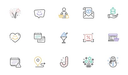 Discounts ribbon, Ice cream and Love letter line icons for website, printing. Collection of Puzzle, Calendar, Smile chat icons. Candy, Buyer, Journey web elements. Fireworks stars. Vector