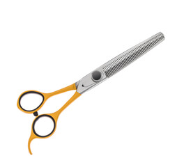 Scissors for cutting people and pets. Grooming scissors. Closed scissors on a white isolated background. Side view.