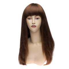 Natural hair wig on a mannequin on a white isolated background. Brunette, long straight hair. Front view