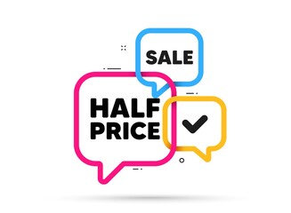 Half Price tag. Ribbon bubble chat banner. Discount offer coupon. Special offer Sale sign. Advertising Discounts symbol. Half price adhesive tag. Promo banner. Vector