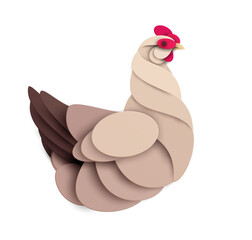 Chicken silhouette isolated on white background. Abstract farm animal. Creative 3d concept in cartoon craft paper cut style. Colorful minimal design character. Modern geometric vector illustration.